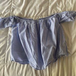 blue and white off the shoulder top